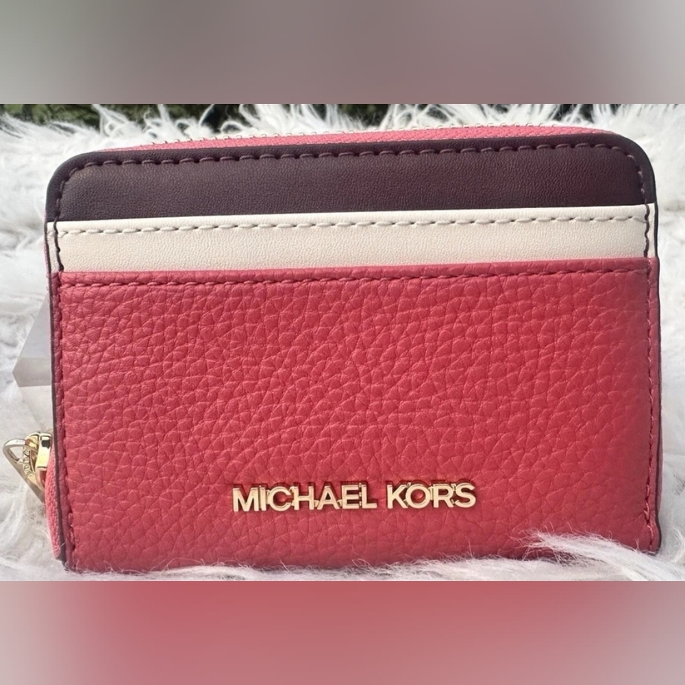 New Michael Kors Red Pink and Cream Colorblock Leather Card Case